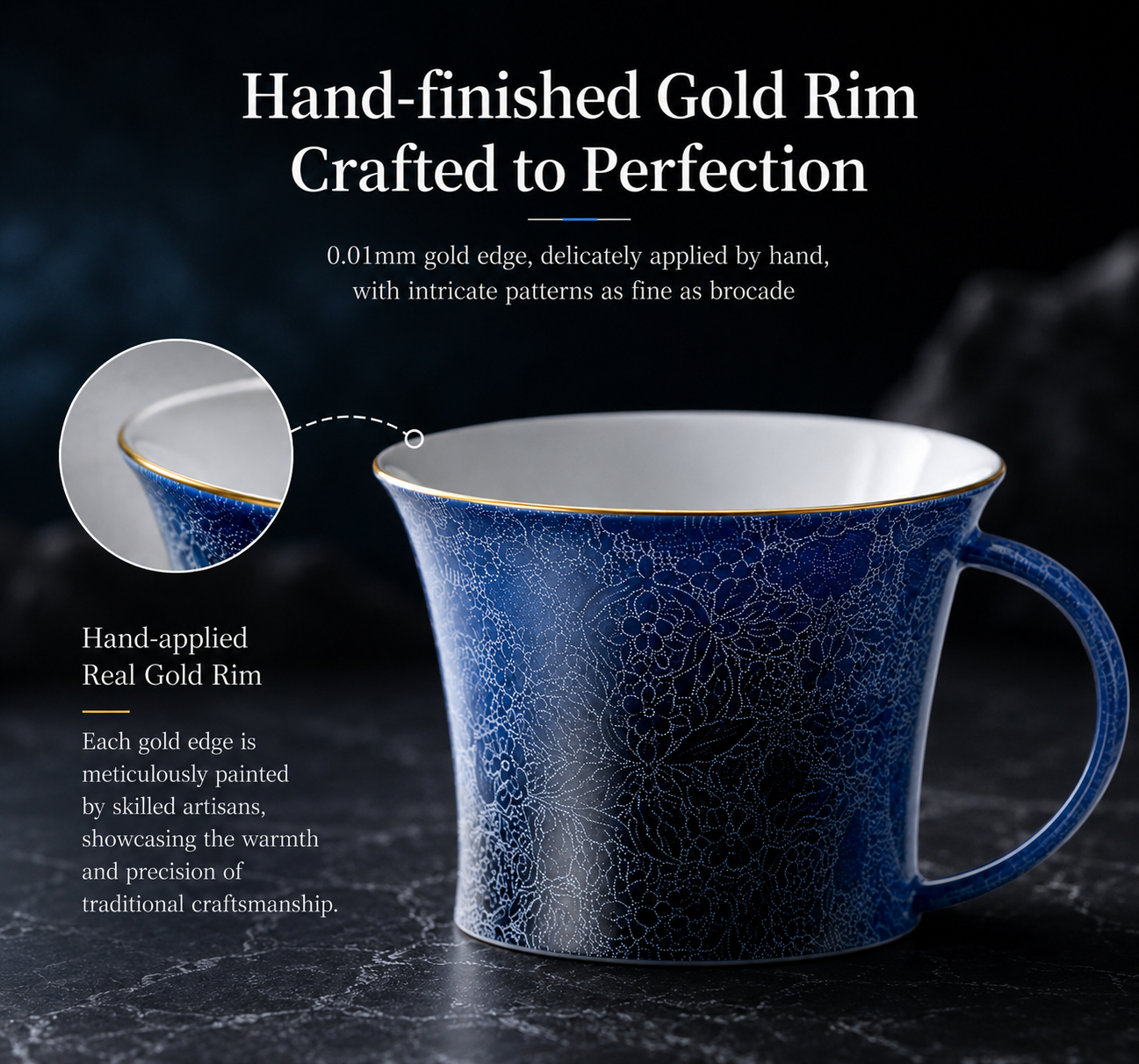 Noctelle handcrafted porcelain cup with gold rim detail, showcasing traditional Jingdezhen porcelain perfection