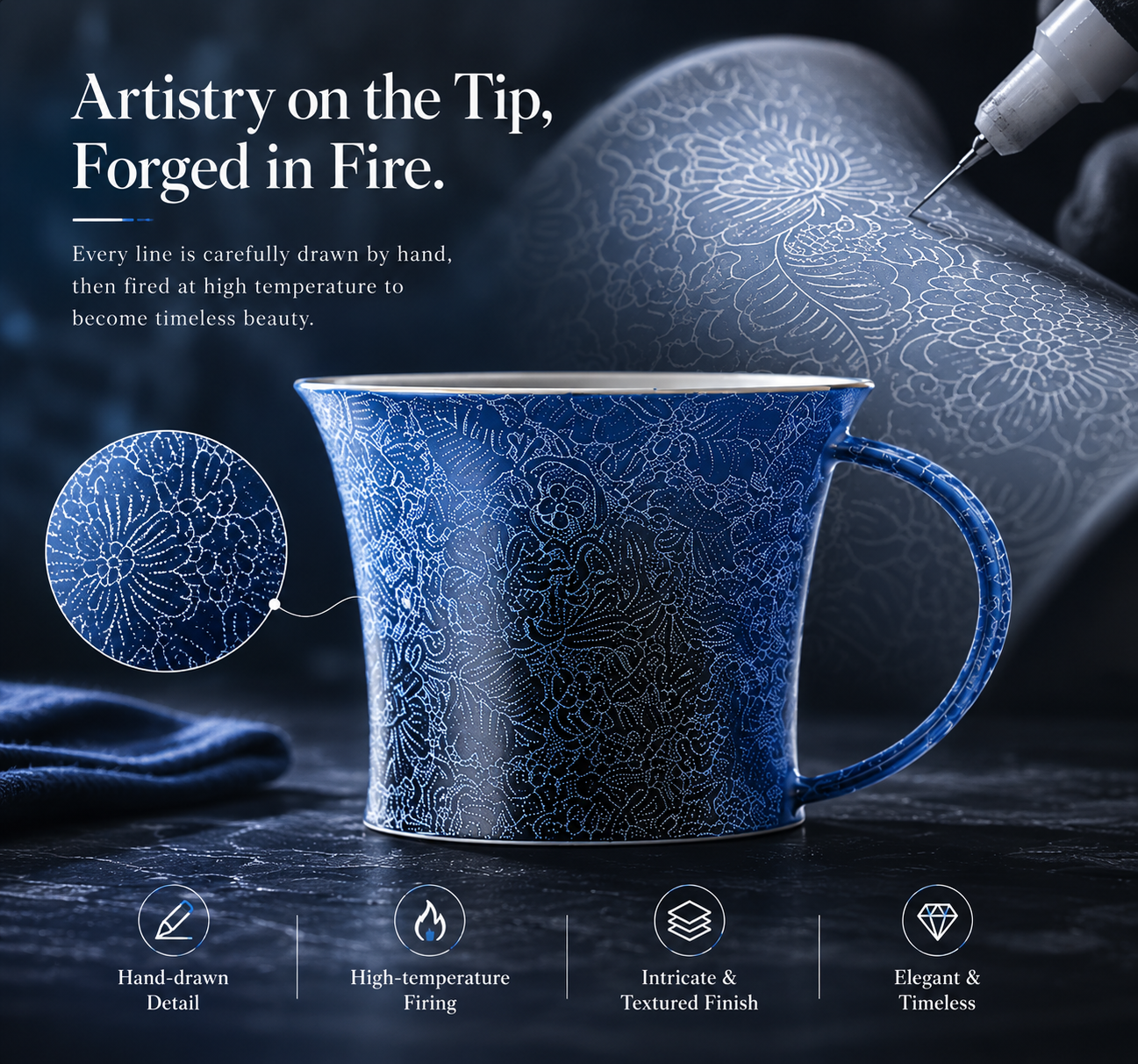 Noctelle porcelain coffee cup promotional image highlighting fine Jingdezhen craftsmanship and artistry